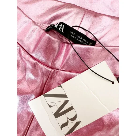 Zara Metallic Shiny Legging High Rise Pants in Pink NEW S - Picture 9 of 13